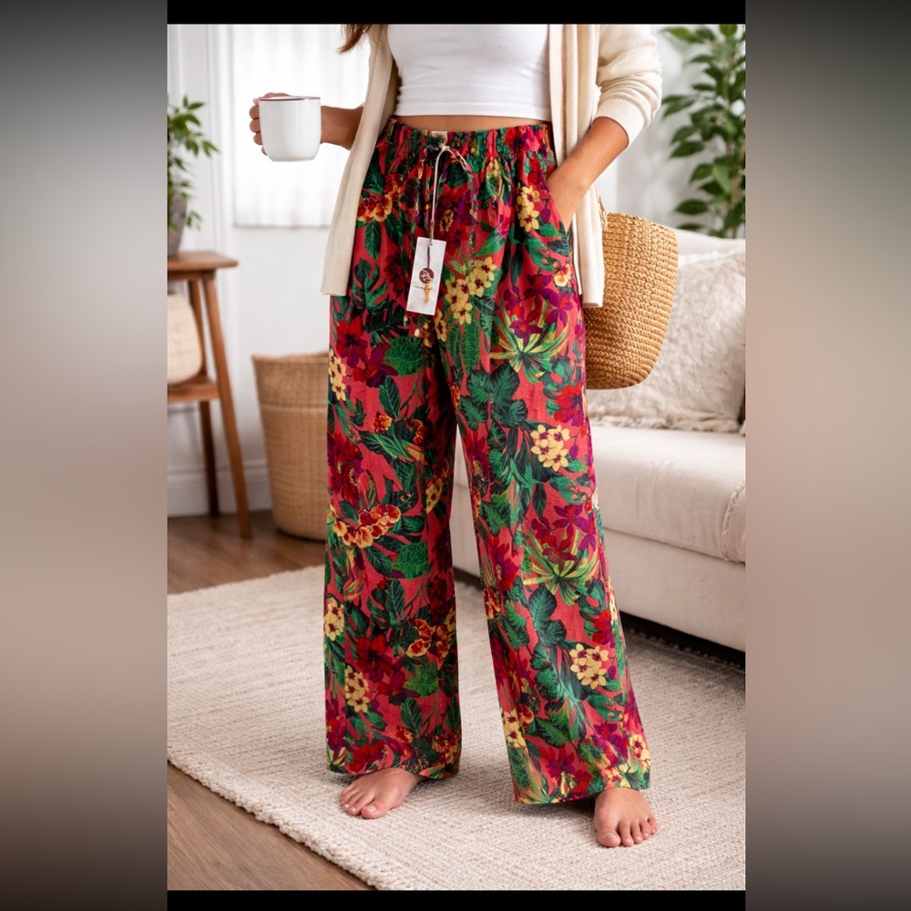 Panama Jack Tropical Floral Pants NWT Size L‎ Wide Leg Beach Resort